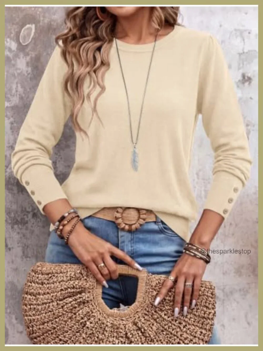 Lightweight Long Sleeve Knit Pullover Sweater with Button Cuffs Puff Shoulder
